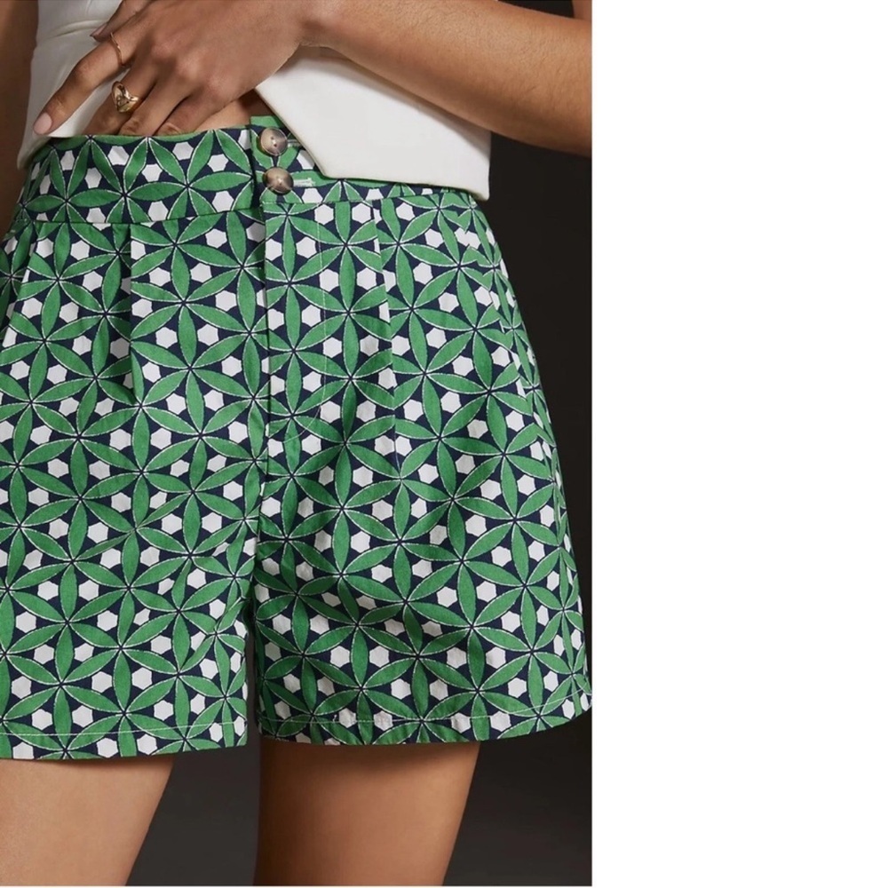 Maeve Anthropologie Poplin City Shorts Green Mod Print Womens Size 12 - Picture 2 of 11